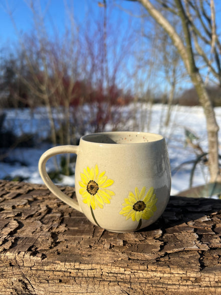 Håndmalede solsikke kop m. hank - 300 ml.
