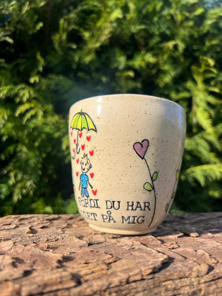 Håndmalede “Tak” kop m. hank - 300 ml.