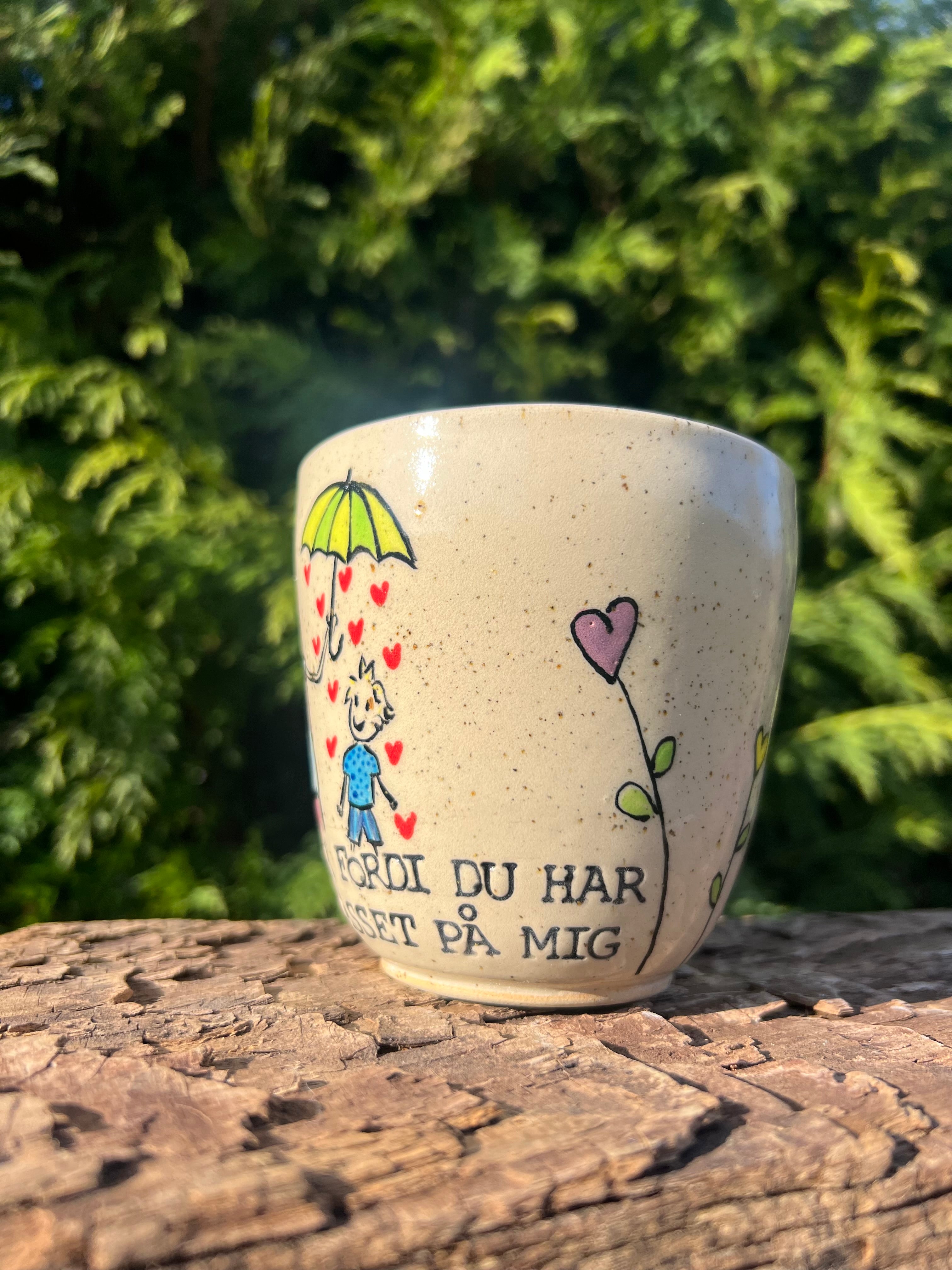 Håndmalede “Tak” kop m. hank - 300 ml.