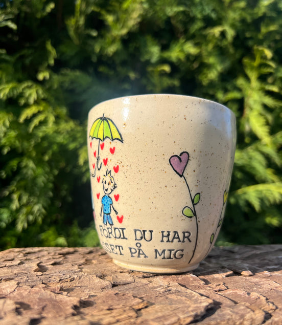 Håndmalede “Tak” kop m. hank - 300 ml.