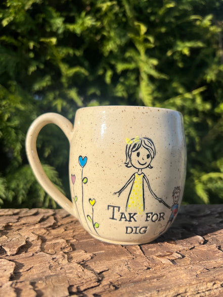 Håndmalede “Tak” kop m. hank - 350 ml.