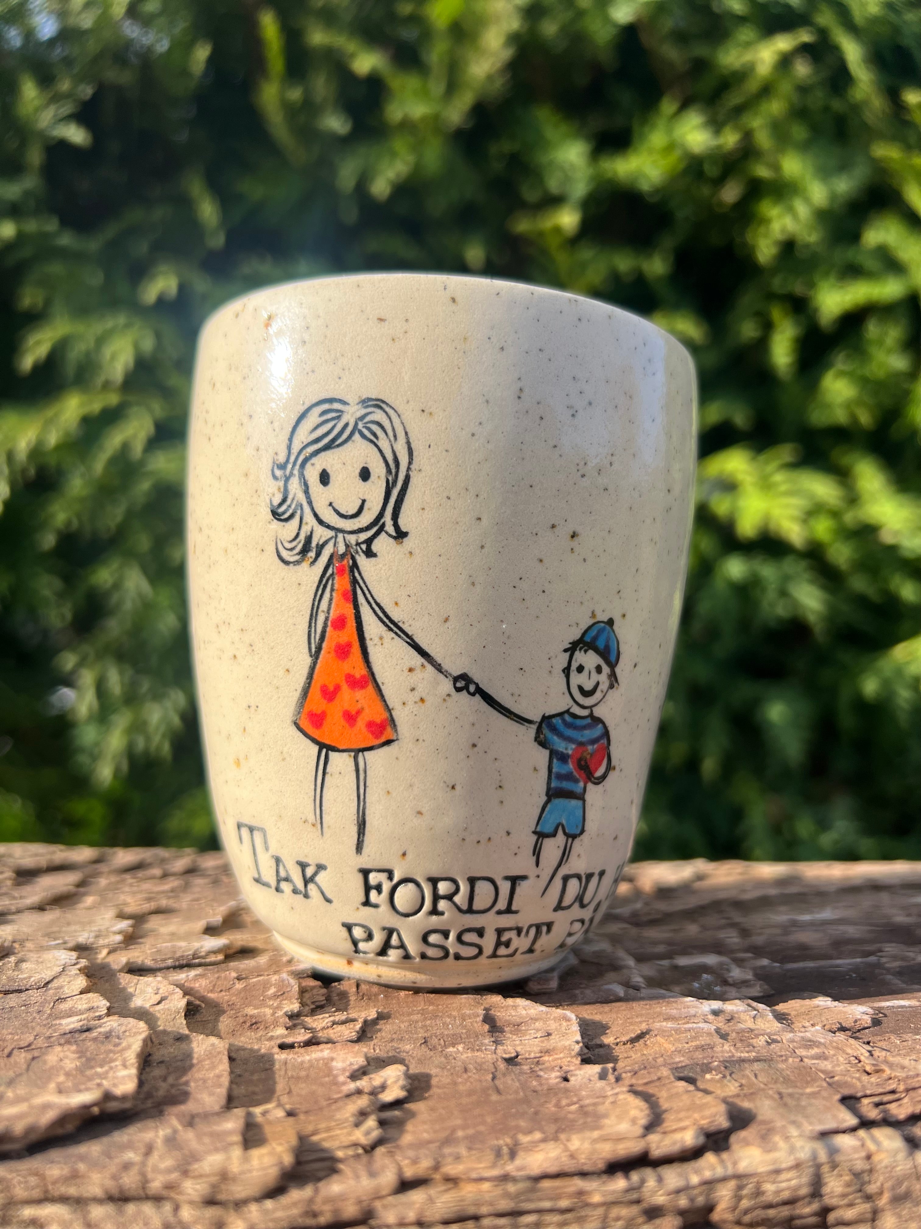 Håndmalede “tak” kop u. hank - 300 ml.